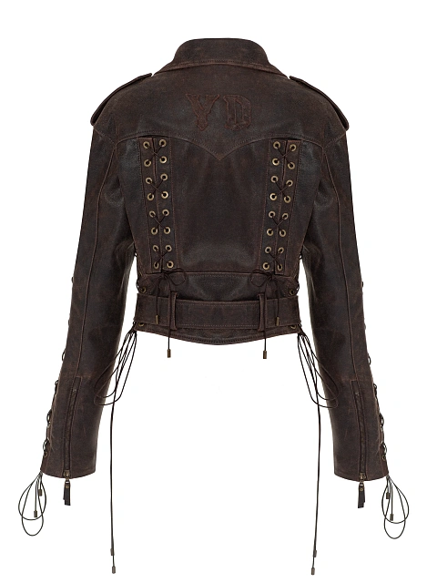 Коричневая косуха из кожи с декоративной шнуровкой, 3