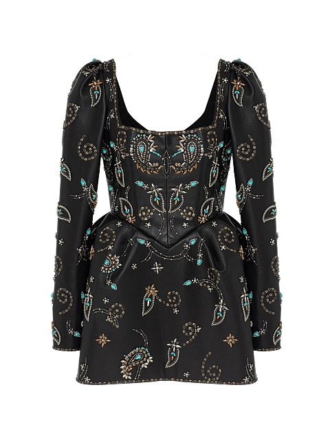 Черное платье-мини из кожи с вышивкой, 1