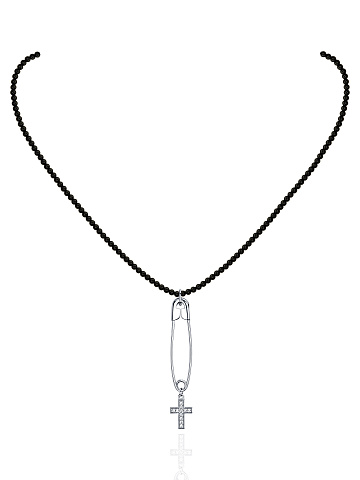 Колье из серебра и агатов с кулоном в виде булавки с крестиком с фианитами, 1