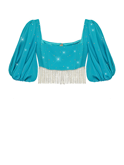 Бирюзовый шелковый комплект из топа и юбки-миди, 3 Бирюзовый шелковый комплект из топа и юбки-миди, 3