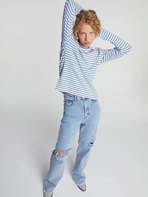 Бело-голубая хлопковая тельняшка с бежевым принтом, 4