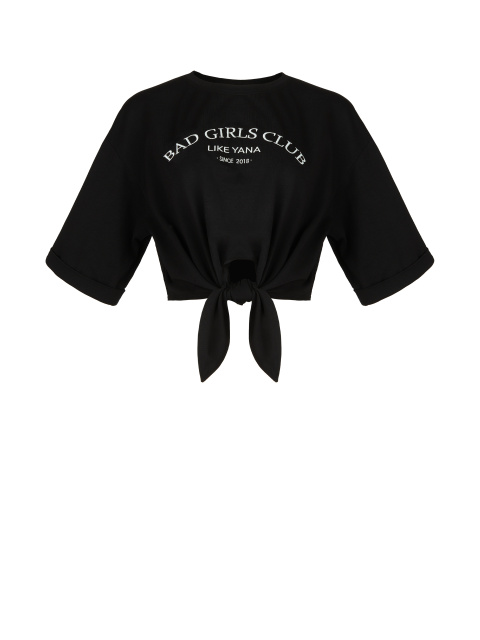 Укороченная черная футболка с завязками и белой вышивкой, 1
