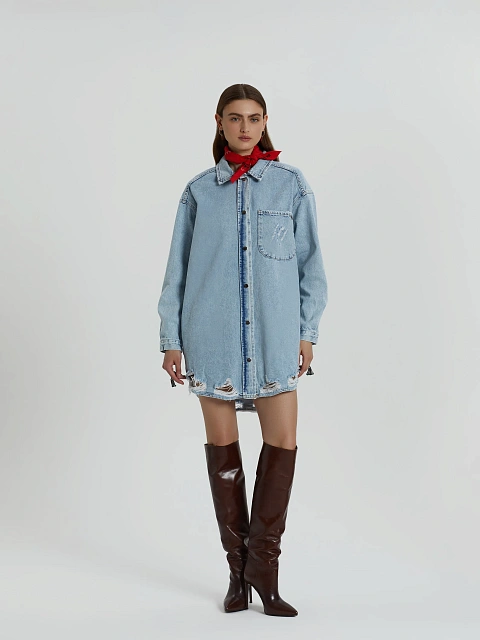 Удлиненная голубая рубашка из денима, 2