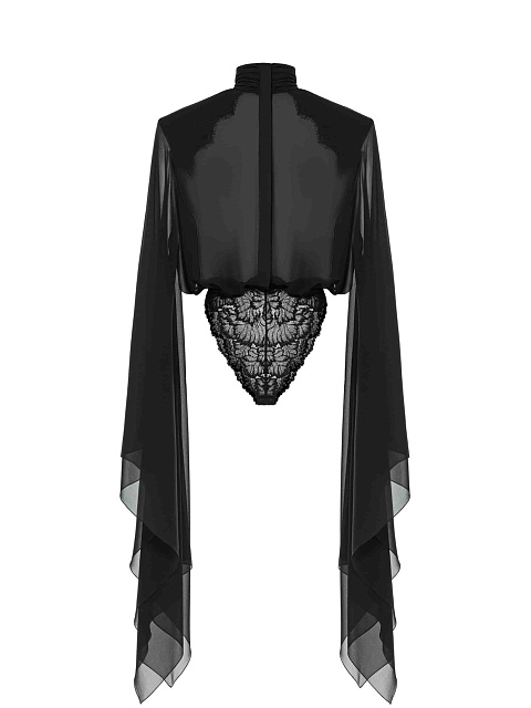 Черная блуза-боди из шифона с кружевом, 6