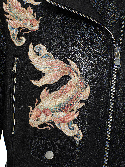 Черная кожаная куртка-косуха с вышивкой, 3