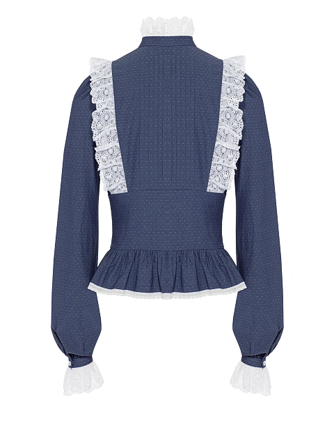 Синяя блузка из хлопка в горошек с кружевом, 2