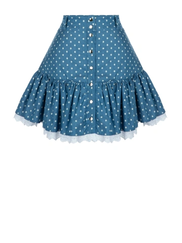 Голубая юбка-мини из денима с отделкой из хлопкового шитья, 1