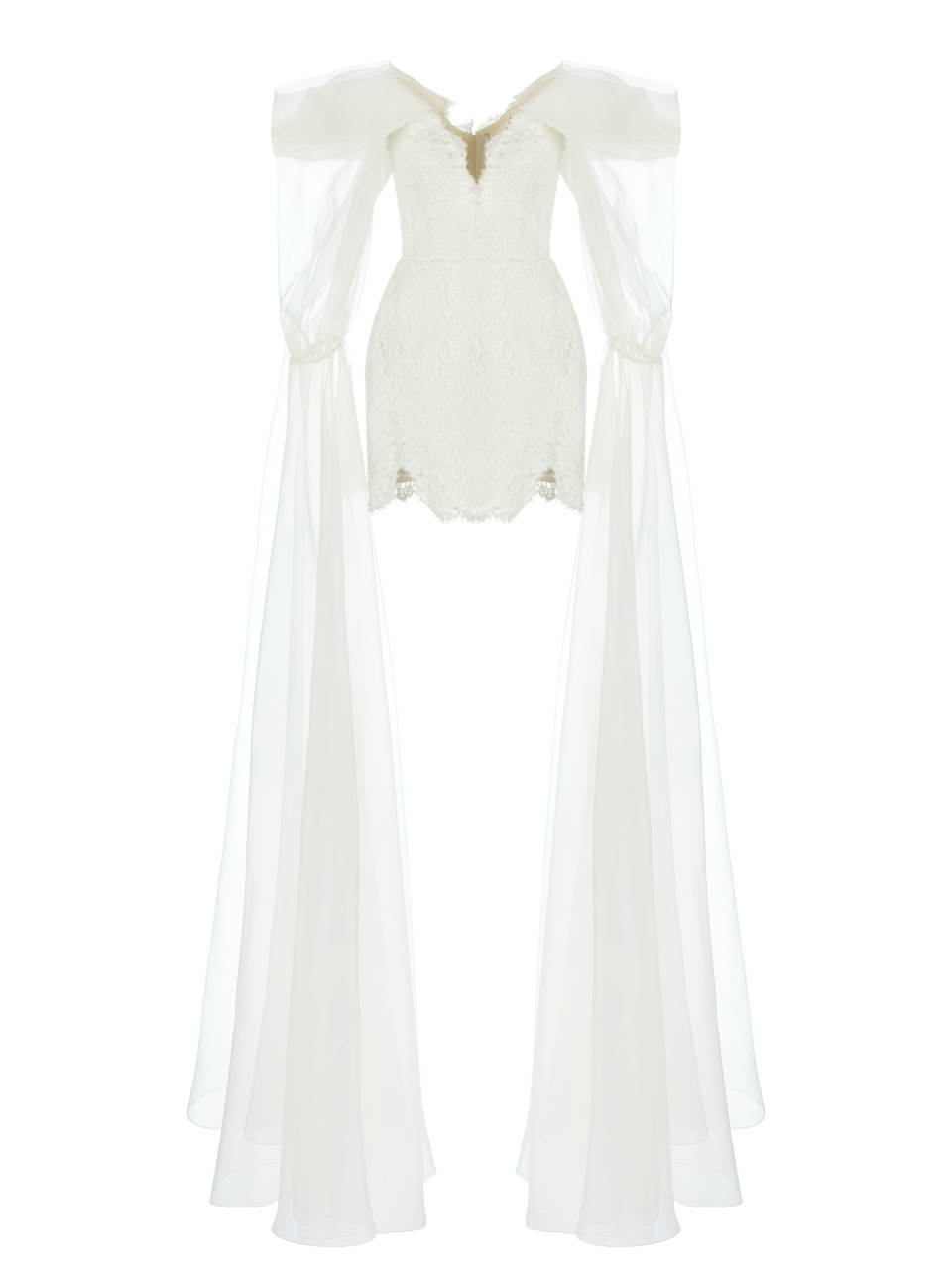 Белое кружевное платье-мини с рукавами из органзы, 1