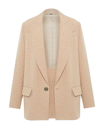 Бежевый костюм из жакета и юбки-мини в стразах, 1