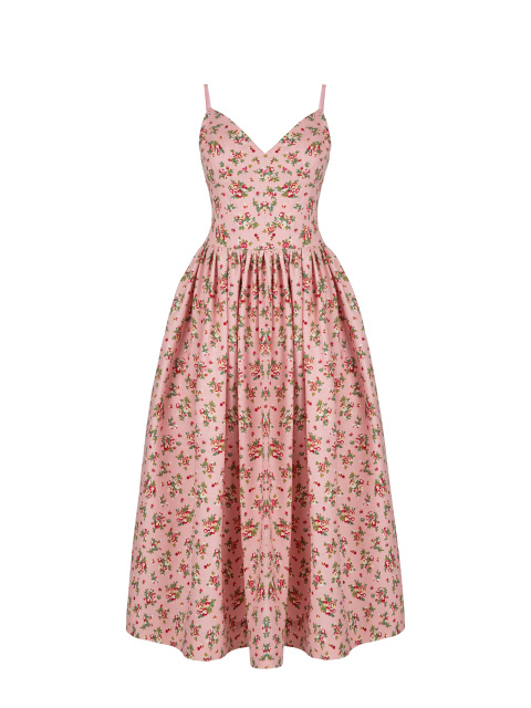 Розовое хлопковое платье-миди с цветочным принтом, 1