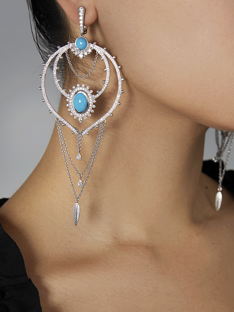 Длинные серьги из серебра с бирюзой и фианитами, 3 Длинные серьги из серебра с бирюзой и фианитами, 3