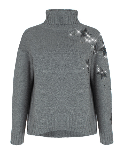 Темно-серый кашемировый свитер с вышивкой и стразами, 1