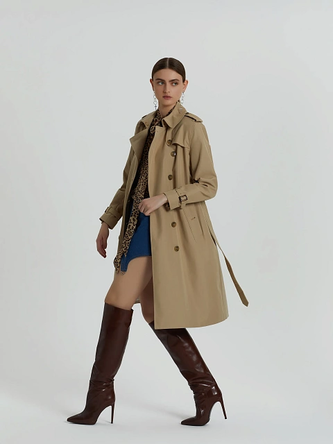Бежевый двубортный тренч с поясом, 5
