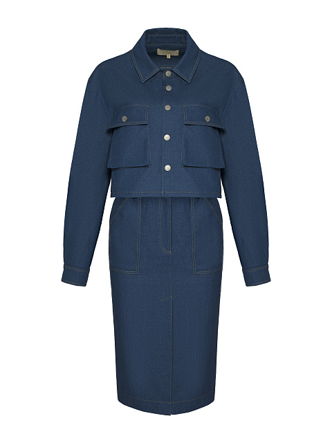 Темно-синий костюм с юбкой-миди из денима, 1