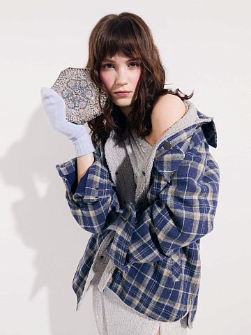 Синяя рубашка в клетку с подкладкой из серого искусственного меха, 2