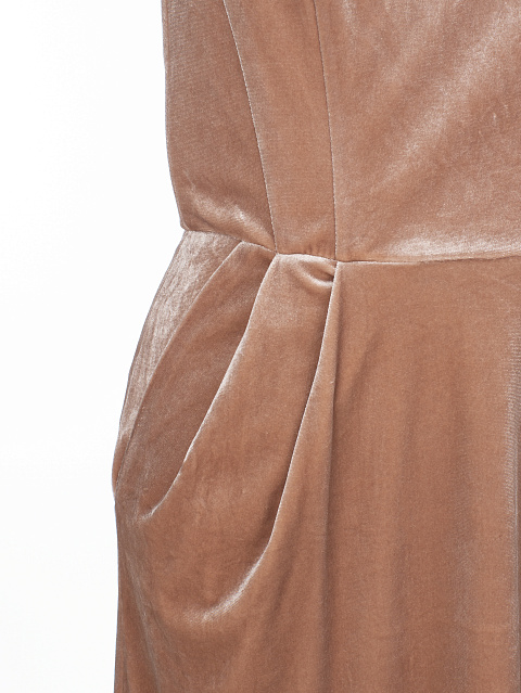 Бежевое бархатное платье-мини с бахромой из страз, 4