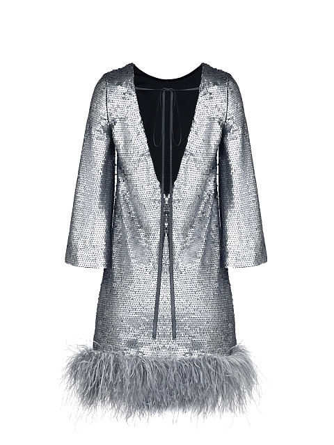 Серебристое платье-мини в пайетках с боа, 2
