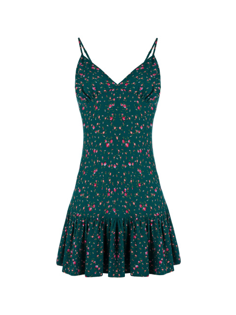 Темно-зеленое платье-комбинация с цветочным принтом, 1