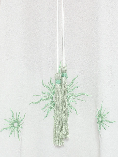 Белая туника из шифона с зеленой вышивкой и бахромой, 3 Белая туника из шифона с зеленой вышивкой и бахромой, 3