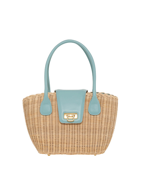 Соломенная сумка-тоут с отделкой из кожи мятного цвета, 1 Соломенная сумка-тоут с отделкой из кожи мятного цвета, 1