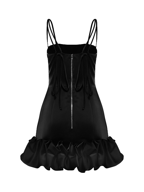 Черное атласное платье-мини с буфами на подоле, 2