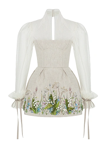 Бежевое платье-мини из льна с цветочной вышивкой и кружевом, 1