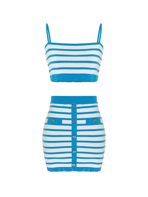 Белый комплект в синюю полоску из топа и юбки-мини, 1