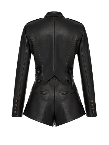 Черный кожаный комплект из жакета и шорт, 2