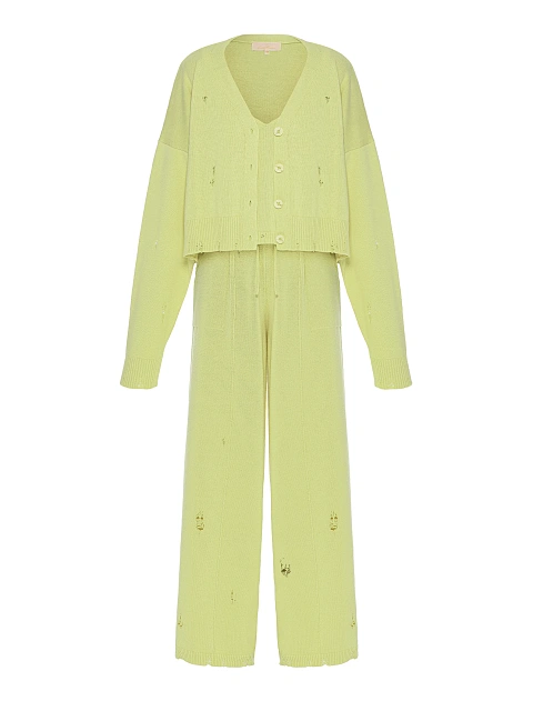 Салатовый вязаный комплект из кардигана, топа и брюк, 1