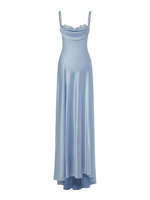 Голубое платье-макси из шелка с пайетками, 1