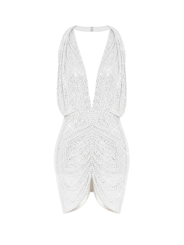 Белое платье-мини из трикотажа с открытой спиной и стразами, 1