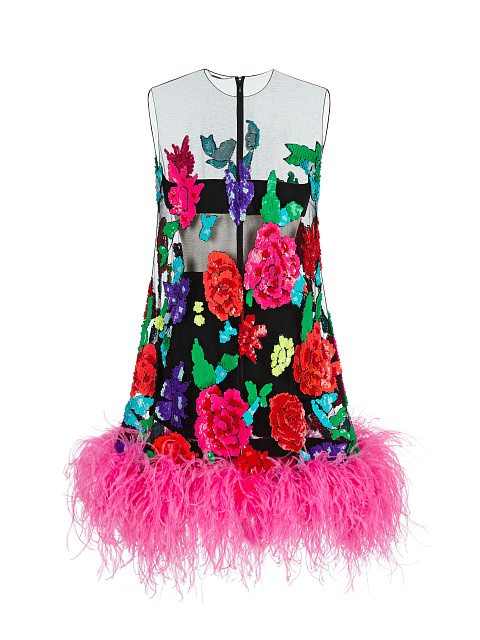 Черное платье-мини из сетки с пайетками и боа, 2