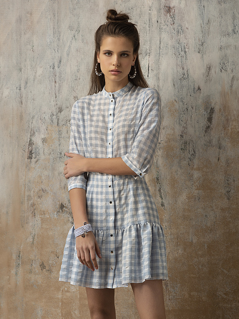 Голубое шифоновое платье-мини в клетку, 6