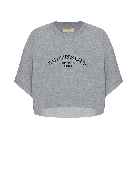 Серая укороченная футболка с вышивкой, 1