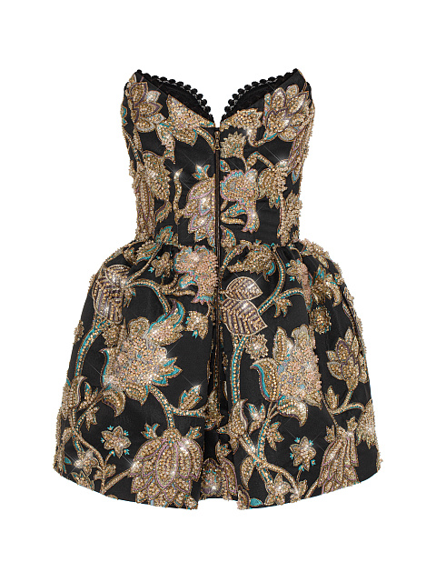 Черное платье-мини из жаккарда с цветочной вышивкой, 2 Черное платье-мини из жаккарда с цветочной вышивкой, 2