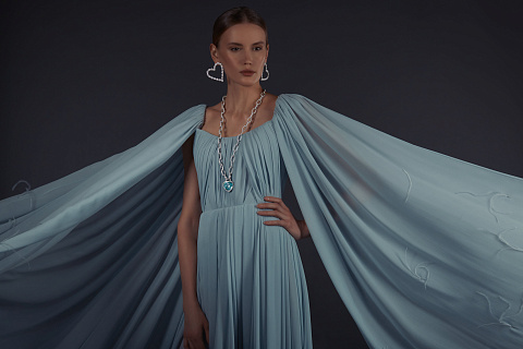 Серо-голубое платье-макси из шифона с драпировкой, 5 Серо-голубое платье-макси из шифона с драпировкой, 5