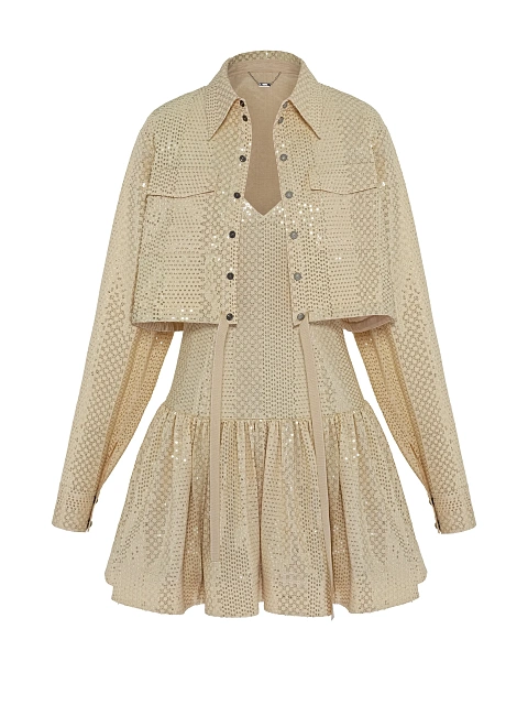 Золотистый комплект из платья-мини и рубашки в пайетках, 1