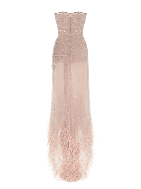 Светло-розовое платье-макси из сетки со стразами и перьями, 3