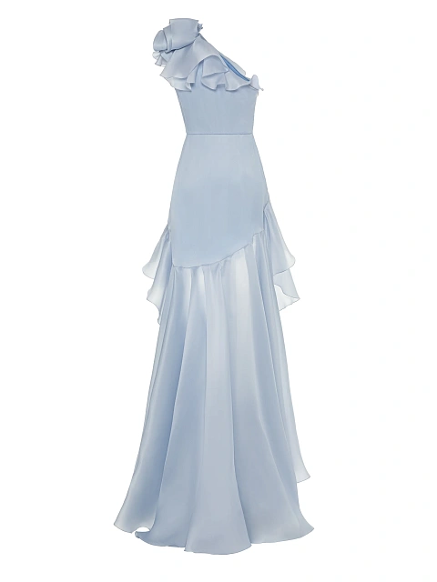 Асимметричное голубое платье-макси из органзы, 3