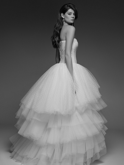 Белое корсетное платье из фатина и сетки в горошек, 5