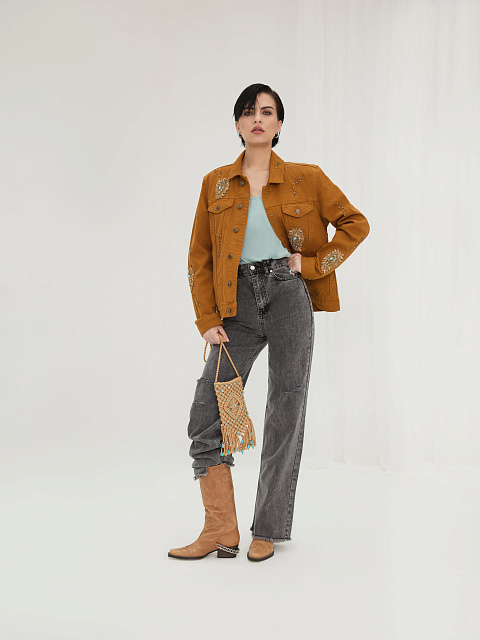 Коричневая куртка из денима с кристаллами и бисером, 3 Коричневая куртка из денима с кристаллами и бисером, 3