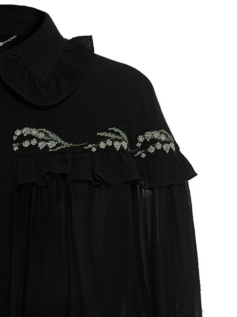 Черная хлопковая блузка с рюшами и вышивкой, 3