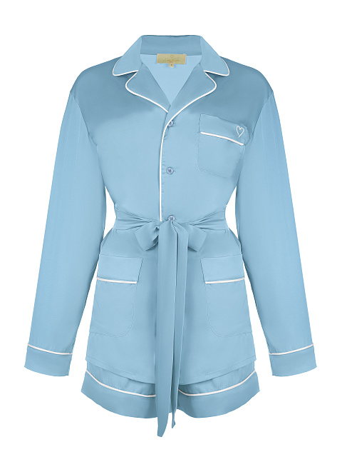 Голубая шелковая пижама с белым кантом, 1 Голубая шелковая пижама с белым кантом, 1