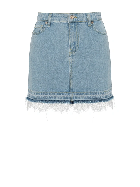Голубая юбка-мини из денима с кружевом, 1 Голубая юбка-мини из денима с кружевом, 1