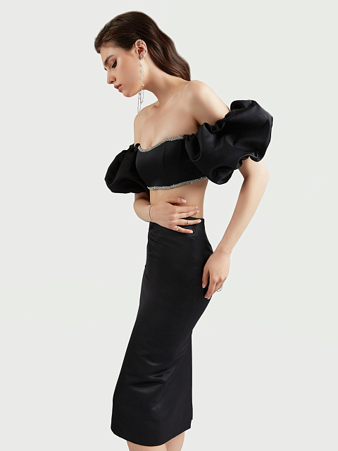 Черная атласная юбка-миди, 7