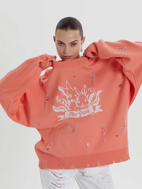 Коралловый свитер из хлопка с принтом и дырками, 4