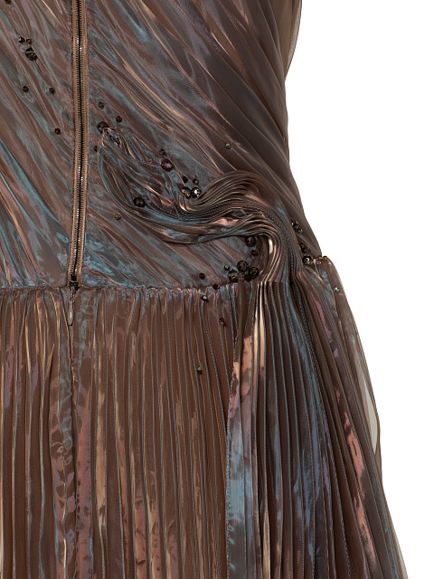 Коричневое плиссированное платье-макси из органзы, 6