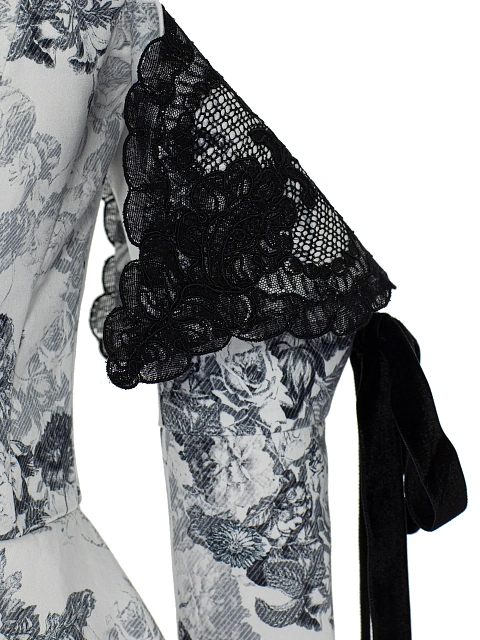 Белое платье-мини из хлопка с принтом и черным кружевом, 5