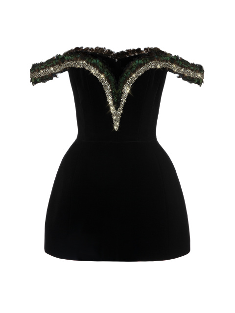 Черное бархатное платье-мини с перьями, 1