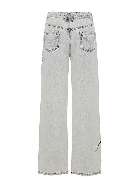 Голубые джинсы с вышивкой в виде ландышей и дырками, 2